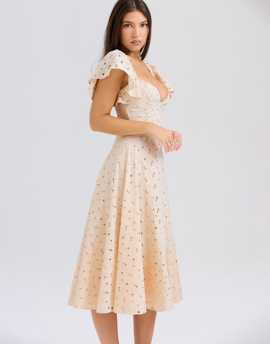 ASOS House of CB Amaya tea broderie anglais midi dress in cream - 1