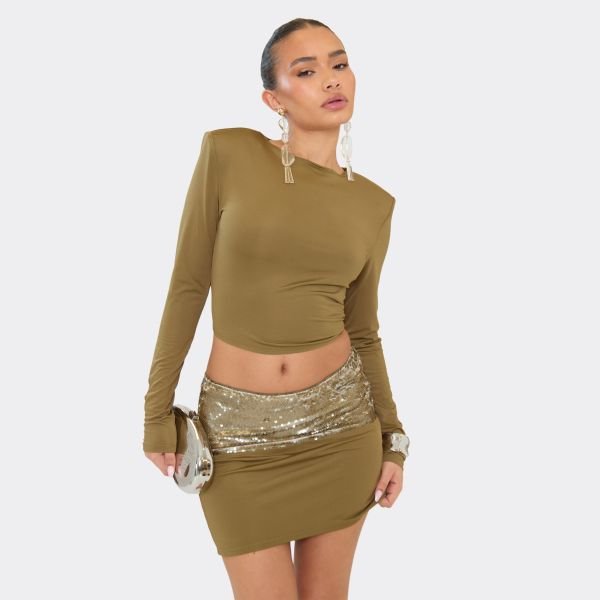 EGO Long Sleeve Shoulder Pad Open Back Top In Khaki, Women's Size UK 6 - 2
