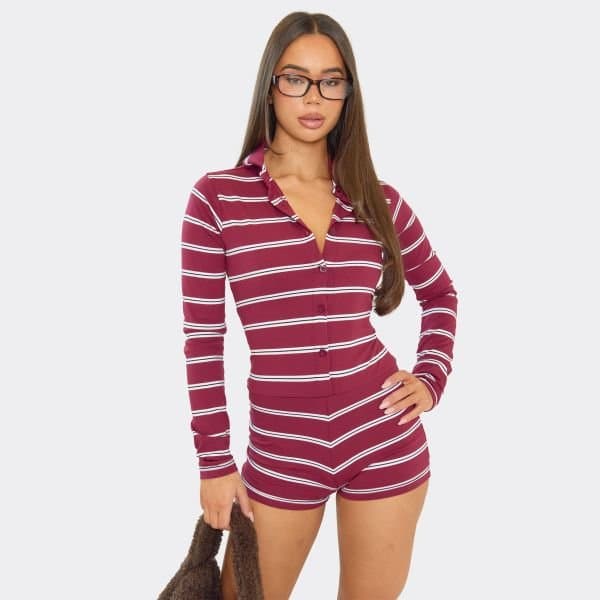 EGO Long Sleeve Collar Button Down Playsuit In Burgundy Stripe, Women's Size UK 6