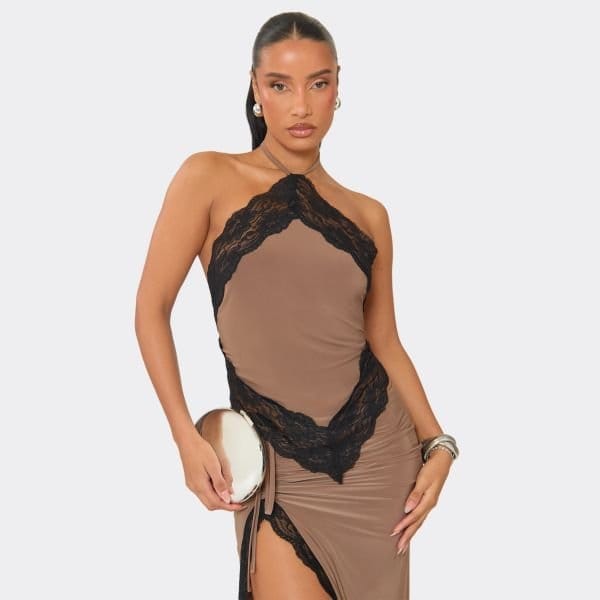 EGO Halter Neck Pointed Lace Trim Detail Top In Brown, Women's Size UK 6 - 1