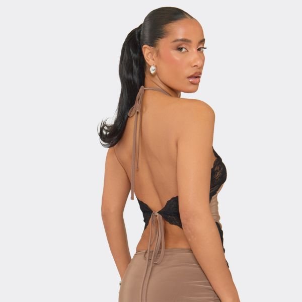 EGO Halter Neck Pointed Lace Trim Detail Top In Brown, Women's Size UK 6 - 2