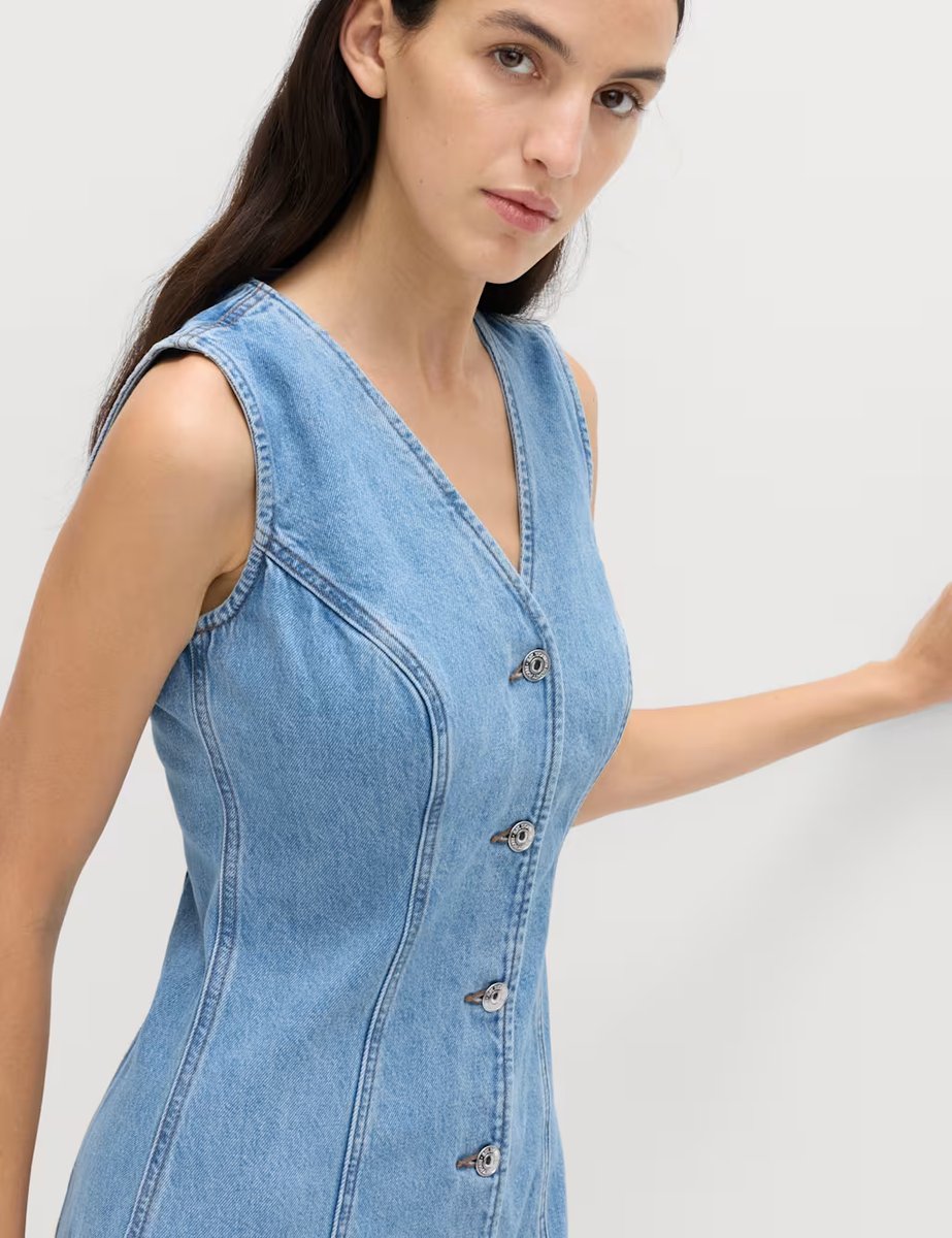 Marks & Spencer M&S Denim V-Neck Button Through Mini Shift Dress Denim - 3