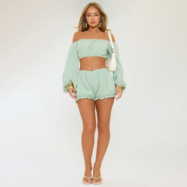 EGO EGO Mid Rise Puffball Frill Hem Shorts in Green Textured