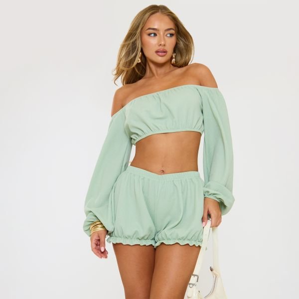 EGO Mid Rise Puffball Frill Hem Shorts In Green Textured, Women's Size UK 6 - 2