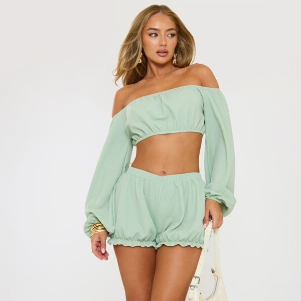 EGO Mid Rise Puffball Frill Hem Shorts In Green Textured, Women's Size UK 6 - 2