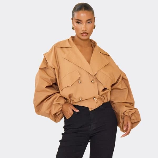 EGO Long Sleeve Cinched Waist Cropped Trench Coat In Light Brown, Women's Size UK Small S