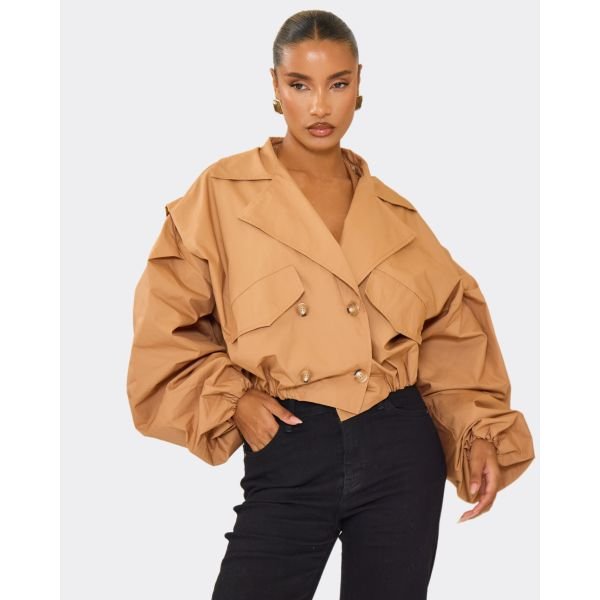 EGO Long Sleeve Cinched Waist Cropped Trench Coat In Light Brown, Women's Size UK Small S - 2