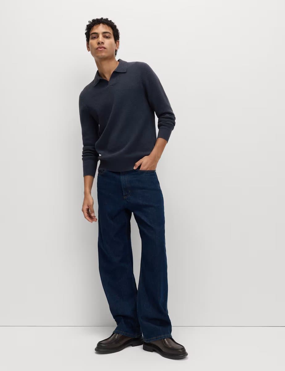 Marks & Spencer M&S Cotton Rich Boucle Open Neck Knitted Polo Shirt Navy
