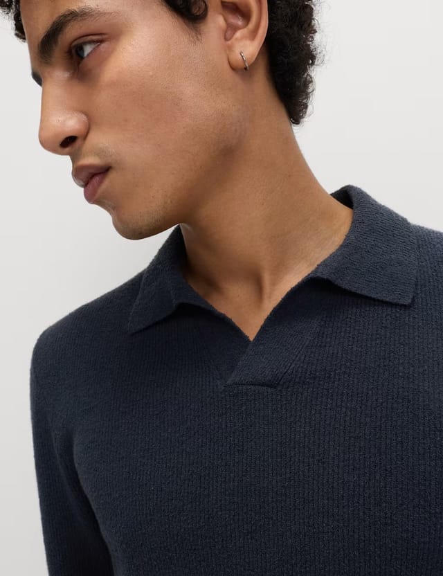 Marks & Spencer M&S Cotton Rich Boucle Open Neck Knitted Polo Shirt Navy - 2