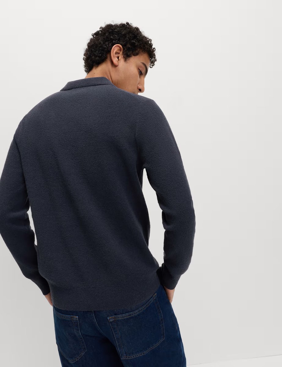 Marks & Spencer M&S Cotton Rich Boucle Open Neck Knitted Polo Shirt Navy - 3