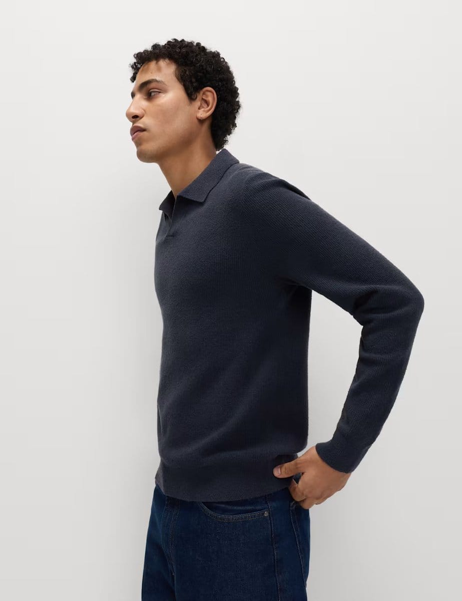 Marks & Spencer M&S Cotton Rich Boucle Open Neck Knitted Polo Shirt Navy - 4