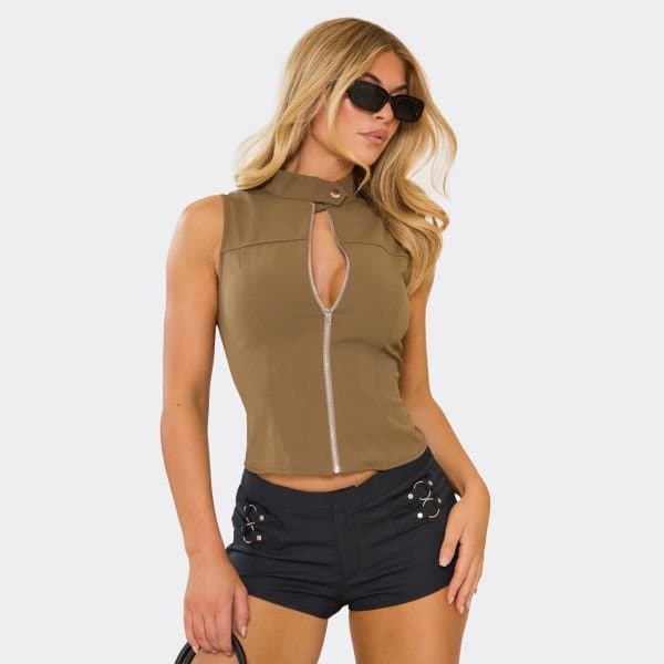 EGO High Neck Zip Through Stretch Woven Top In Khaki, Women's Size UK 6