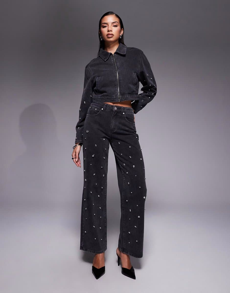 ASOS Liquor N Poker straight leg mid rise embellished jean co-ord in black