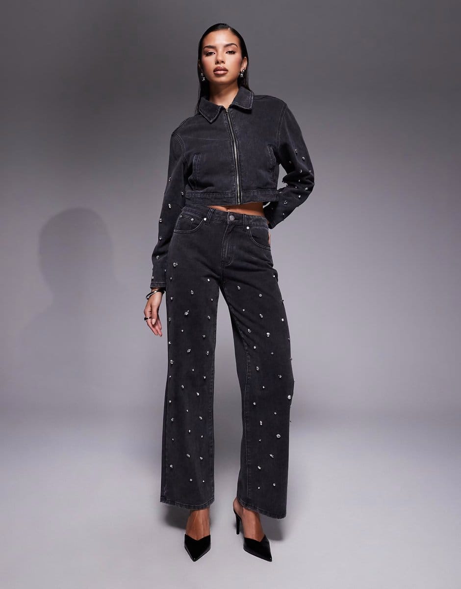 ASOS Liquor N Poker straight leg mid rise embellished jean co-ord in black - 1