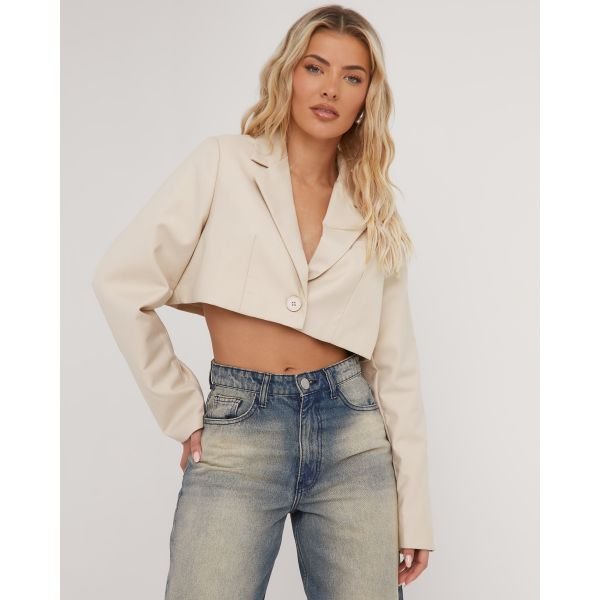 EGO Long Sleeve Oversized Cropped Blazer In Stone, Women's Size UK 10 - 2