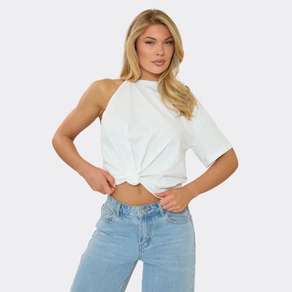 EGO One Shoulder Knot Detail Top In White Cotton, Women's Size UK 6