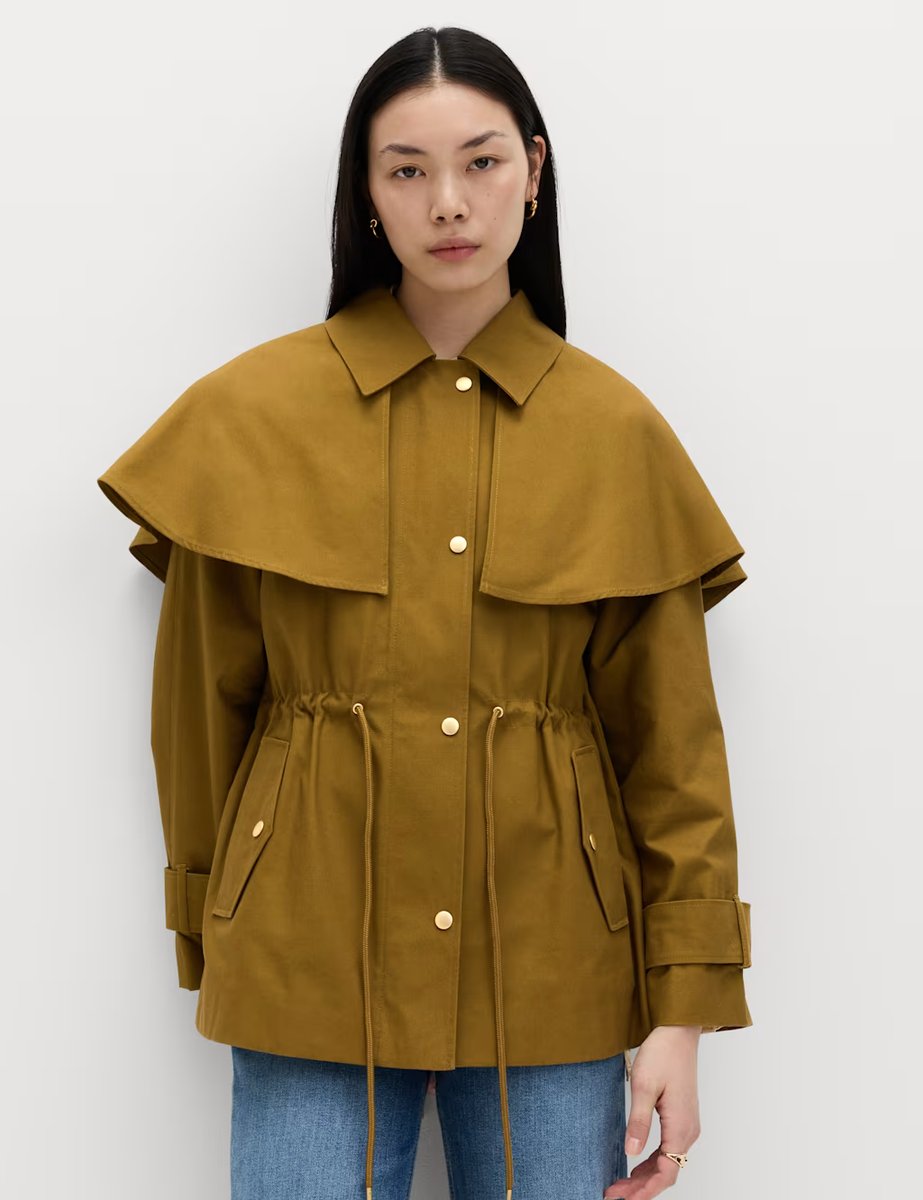 Marks & Spencer M&S Pure Cotton Waisted Collared Cape Coat Moss - 1