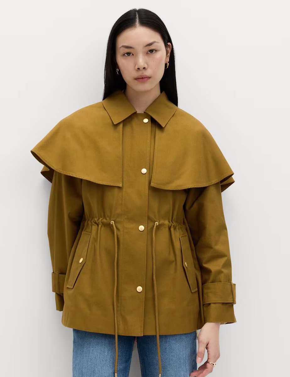 Marks & Spencer M&S Pure Cotton Waisted Collared Cape Coat Moss