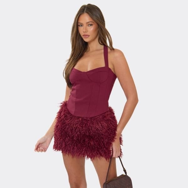EGO Halterneck Corset Top In Burgundy, Women's Size UK 4 - 1