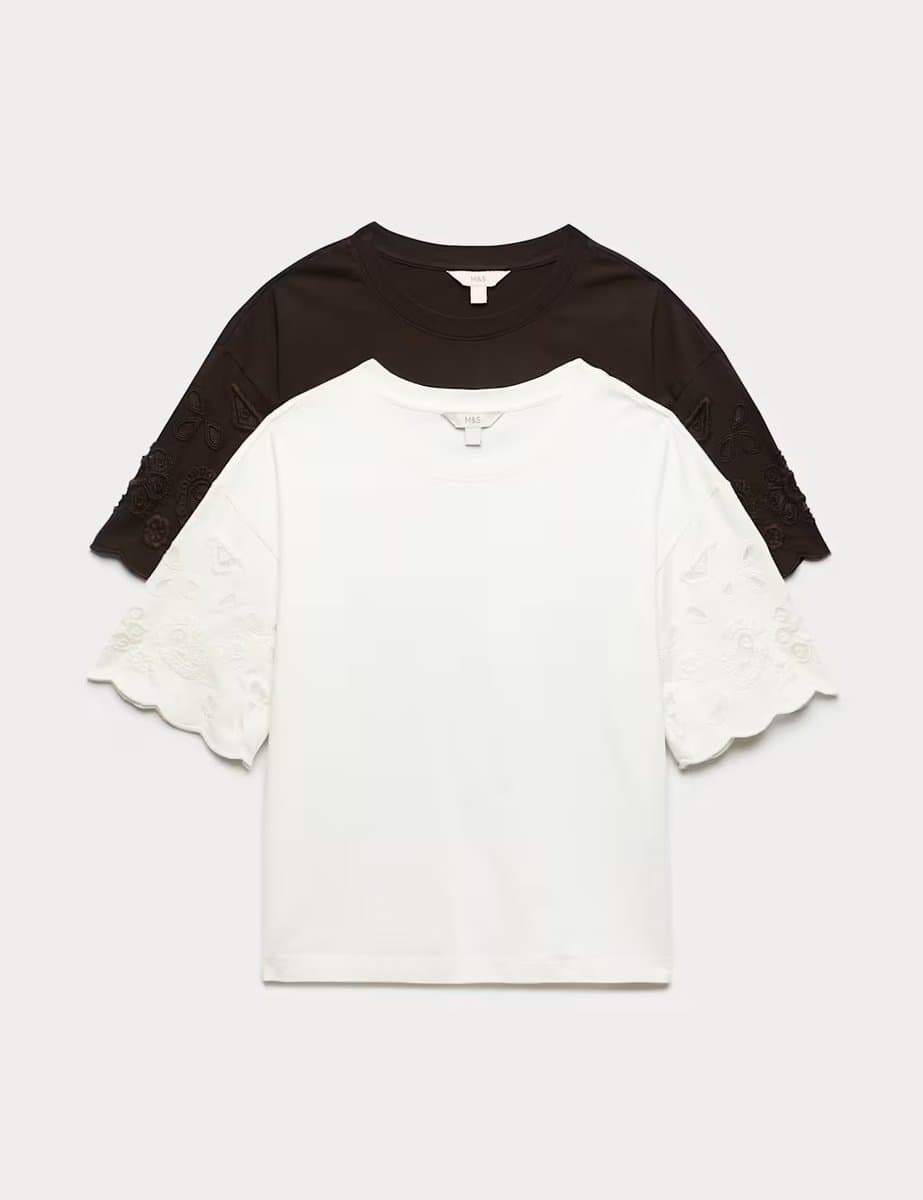 Marks & Spencer M&S 2 Pack Pure Cotton Broderie Tops Brown Mix