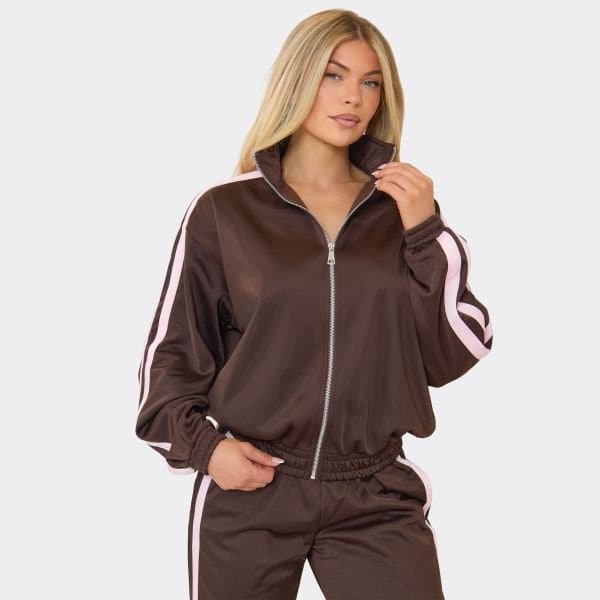 EGO Contrast Side Stripe Track Jacket In Chocolate Brown, Women's Size UK 6