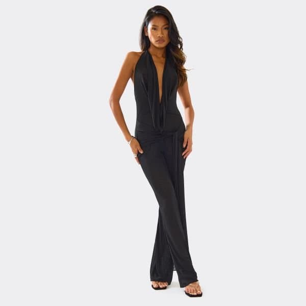 EGO Halterneck Cowl Neck Drape Detail Jumpsuit In Black, Women's Size UK 6