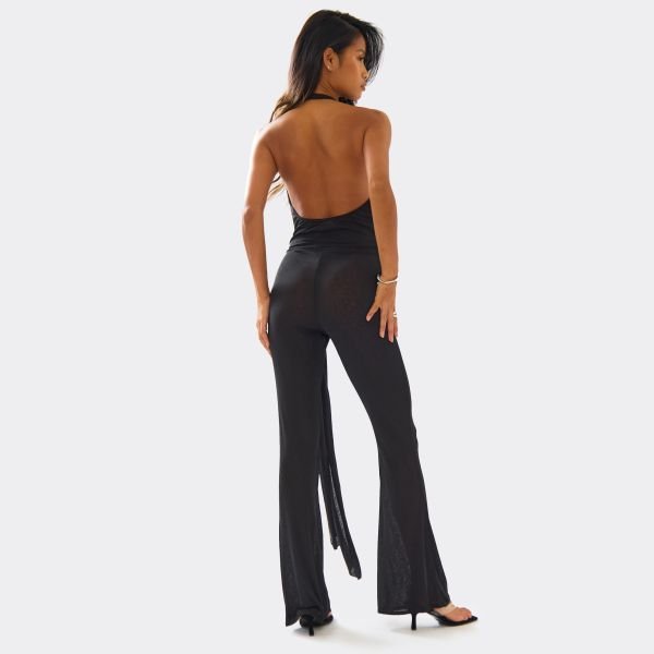 EGO Halterneck Cowl Neck Drape Detail Jumpsuit In Black, Women's Size UK 6 - 2