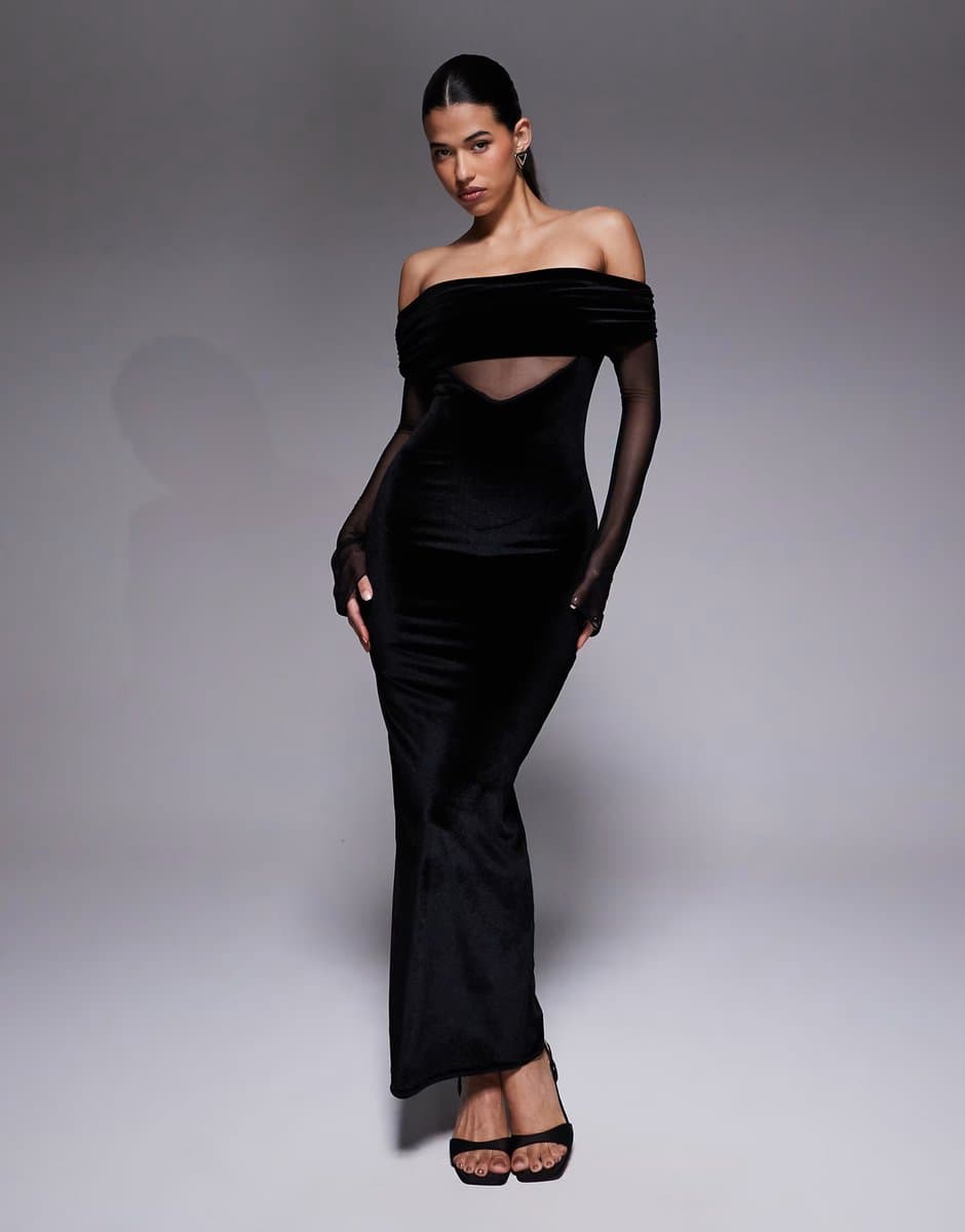 ASOS Kaiia exclusive foldover bardot sheer sleeve velvet maxi dress in black