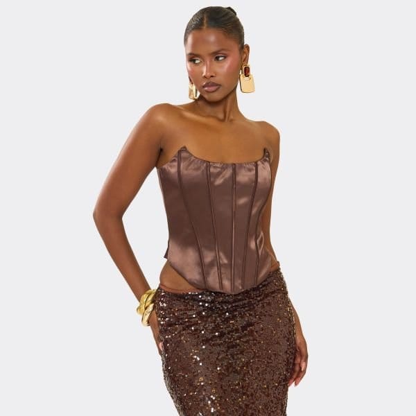 EGO Scoop Neck Structured Corset Top In Brown Satin, Women's Size UK 6 - 1