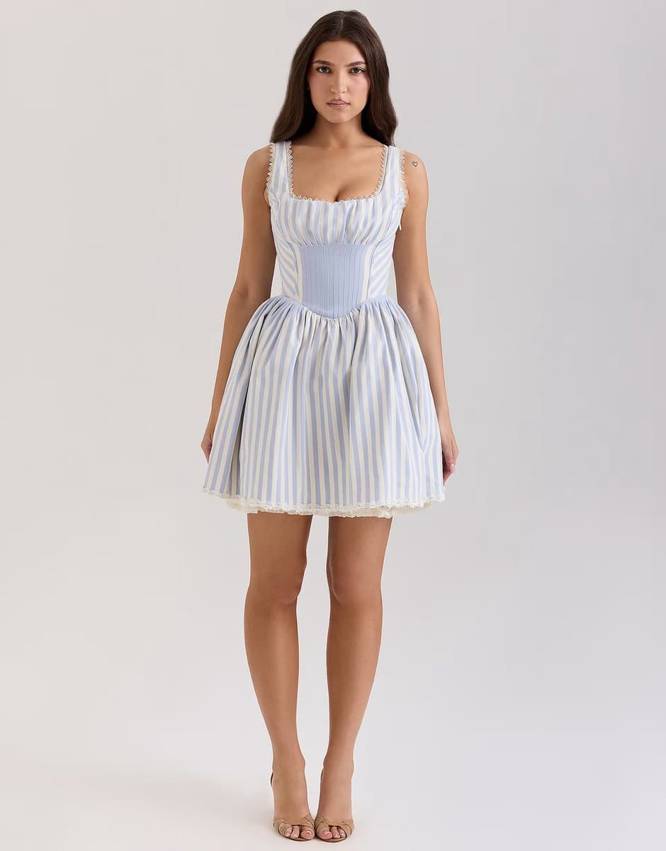 ASOS House of CB Liesl striped pintucked mini dress in blue