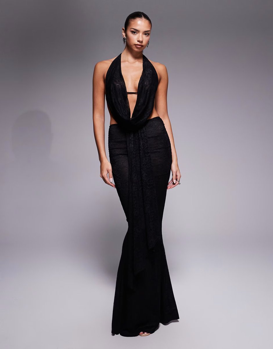 ASOS Murci exclusive mesh cowl neck open back top and maxi skirt co-ord in black - 3