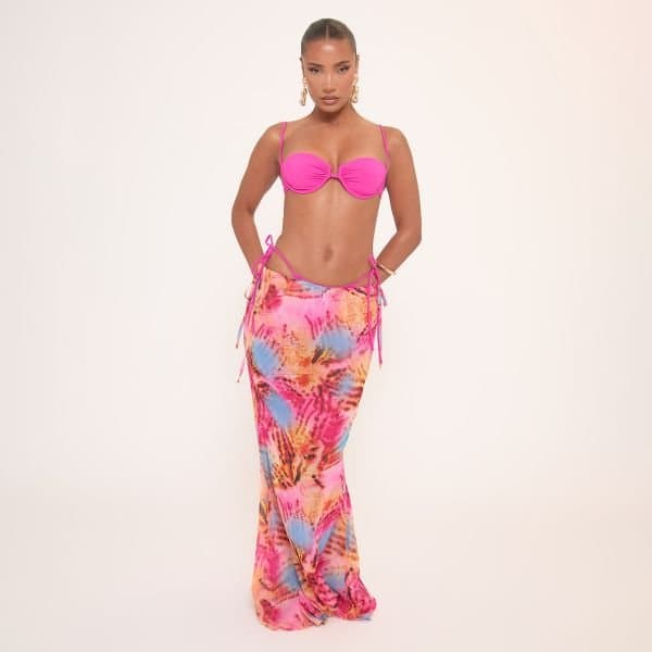 EGO Low Rise Functional Tie Detail Maxi Skirt In Multi Abstract Print, Women's Size UK 6