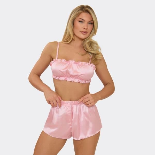 EGO Strappy Shirred Bralet Top And Short Pyjama Set In Pink Satin, Women's Size UK Large L