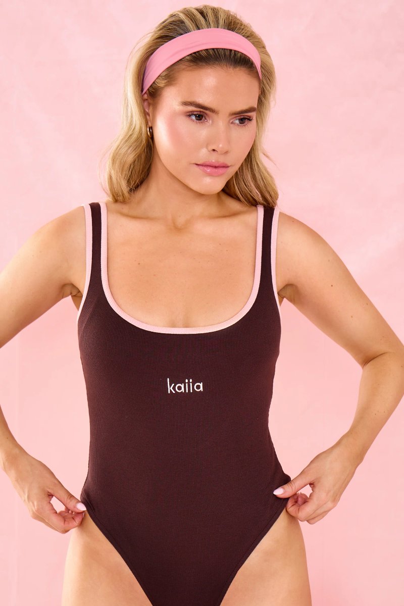 Kaiia Kaiia Logo Contrast Trim Bodysuit Chocolate & Pink - 3