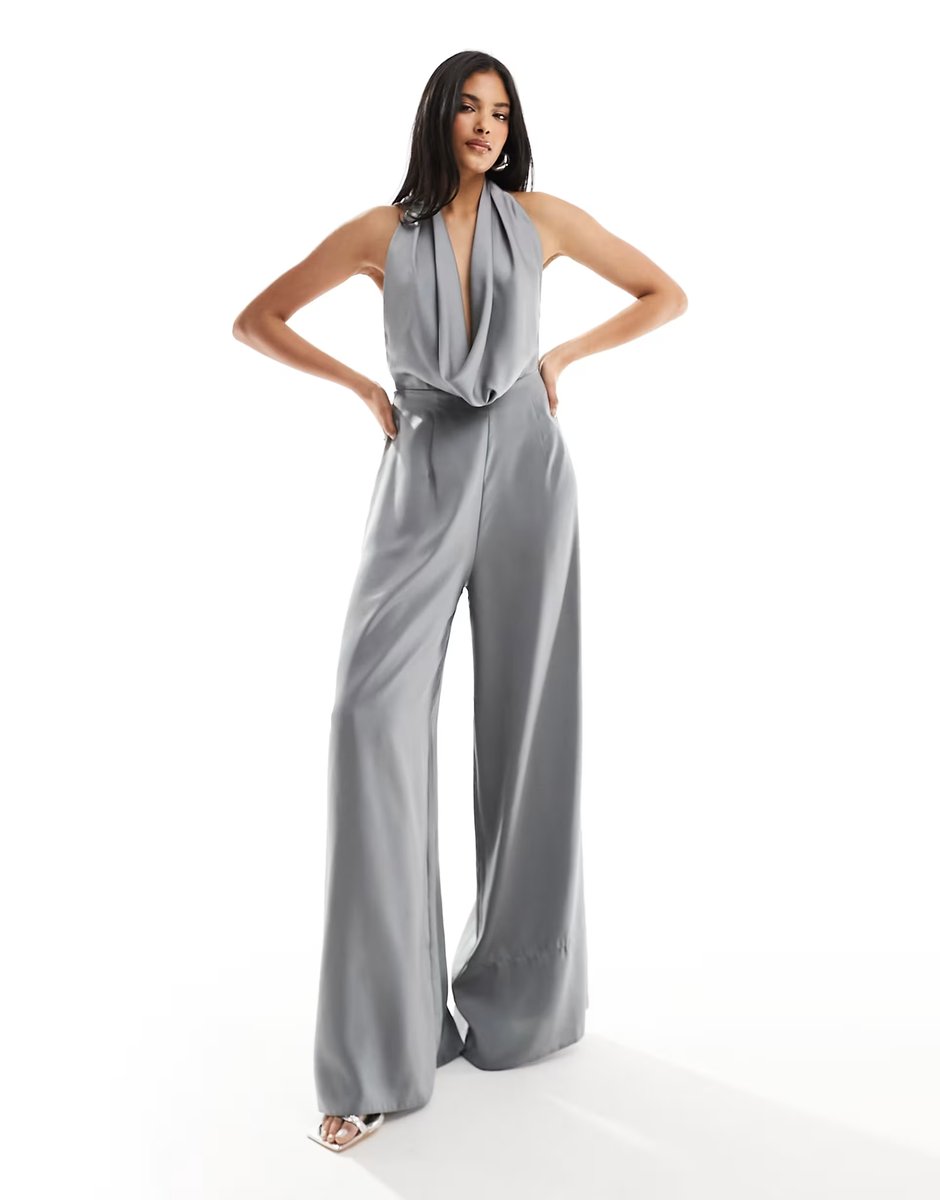 ASOS ASOS DESIGN satin cowl neck halter jumpsuit in silver - 1
