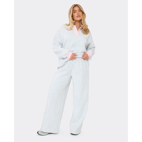 EGO Mid Rise Elastic Waist Wide Leg Joggers In Light Grey Marl, Women's Size UK 6 - 2