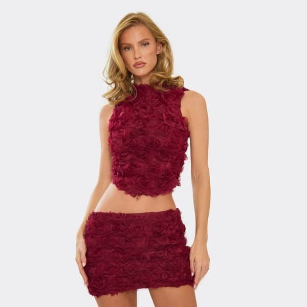EGO High Neck Tie Back Detail Sleeveless Top In Burgundy Floral Applique, Women's Size UK 6