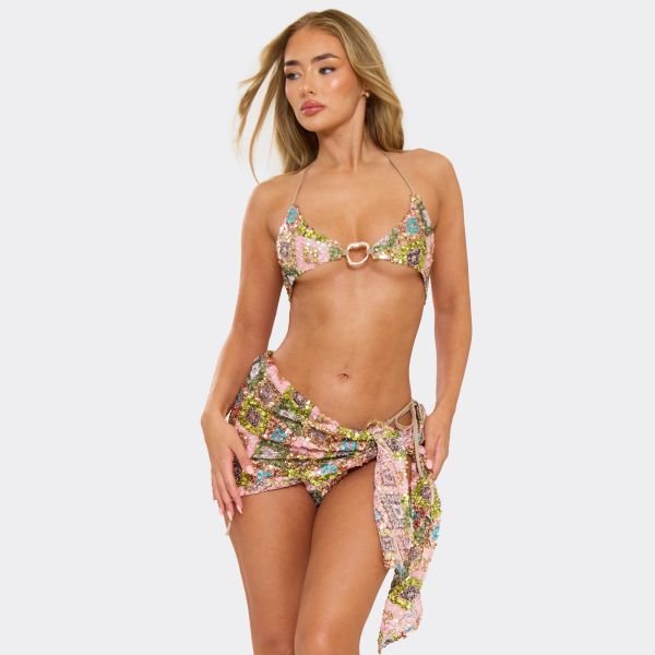 EGO Tie Side Sarong In Multi Diamond Print Sequin, Women's Size UK 6 - 2