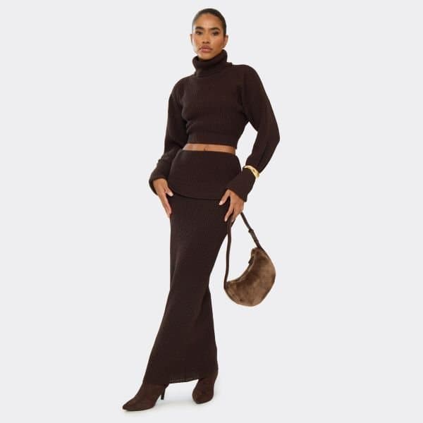 EGO Fold Over Maxi Skirt In Chocolate Brown Ribbed Knit, Women's Size UK Medium M