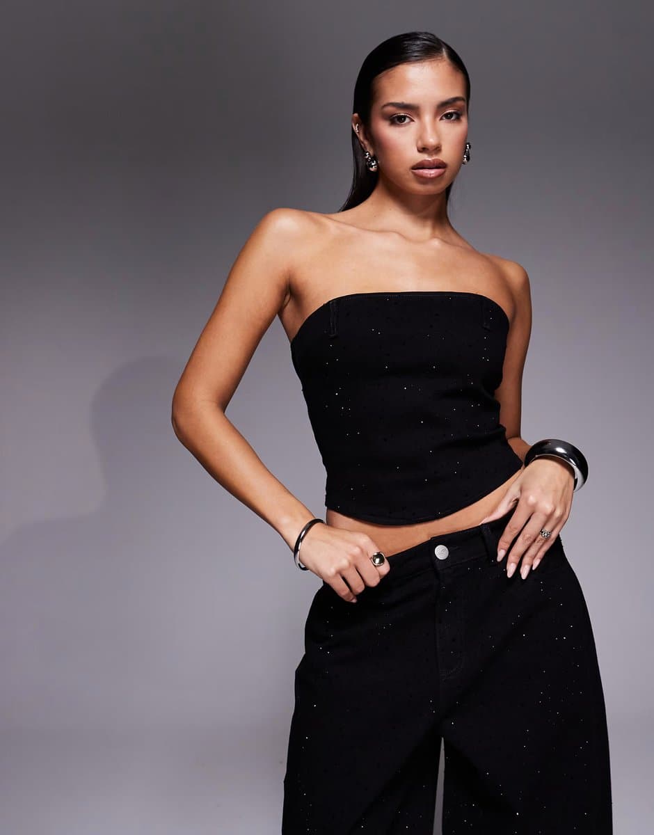 ASOS Liquor N Poker denim embellished corset top co-ord in black