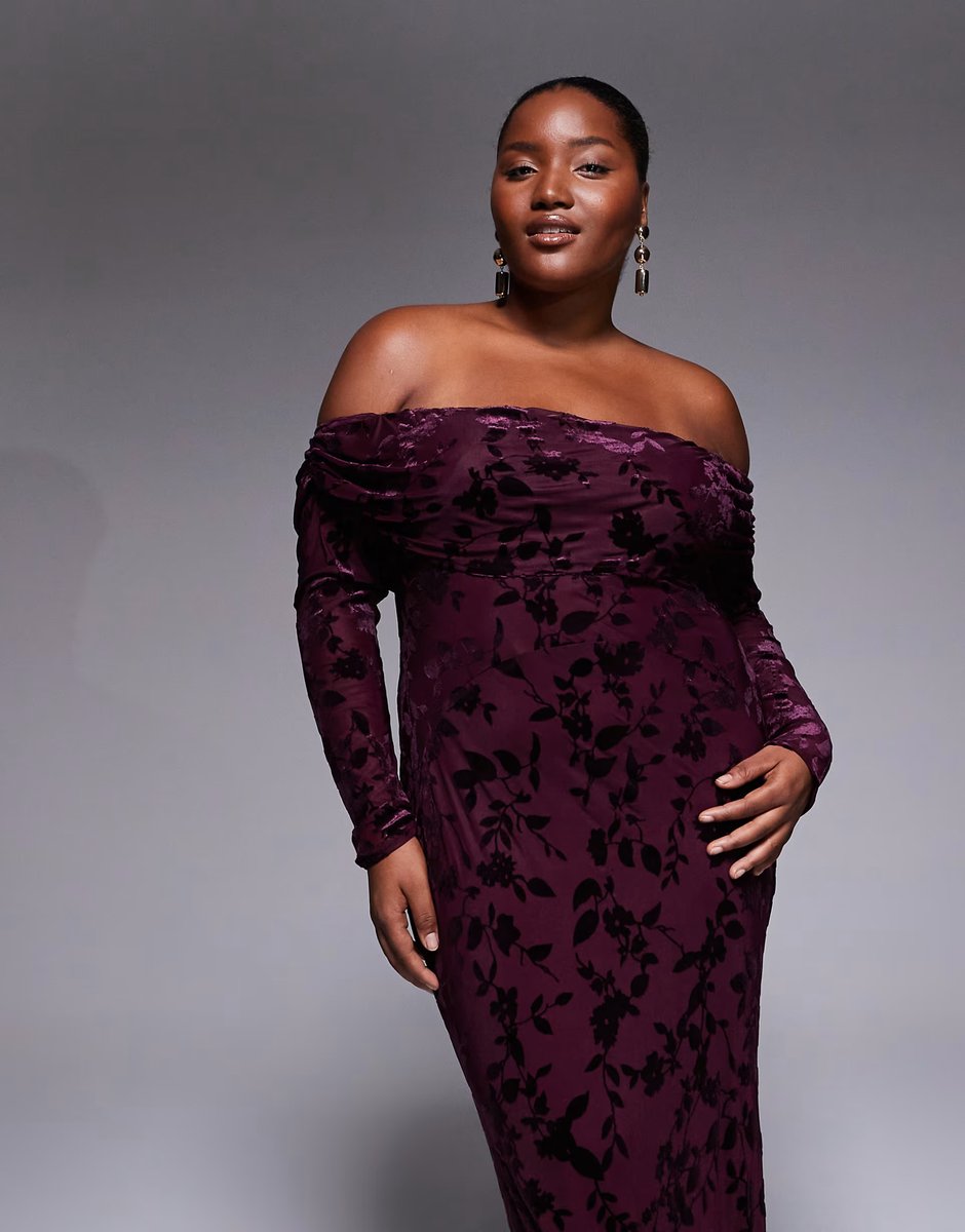 ASOS TFNC Plus off shoulder long sleeve maxi dress in burgundy velvet burn out - 3