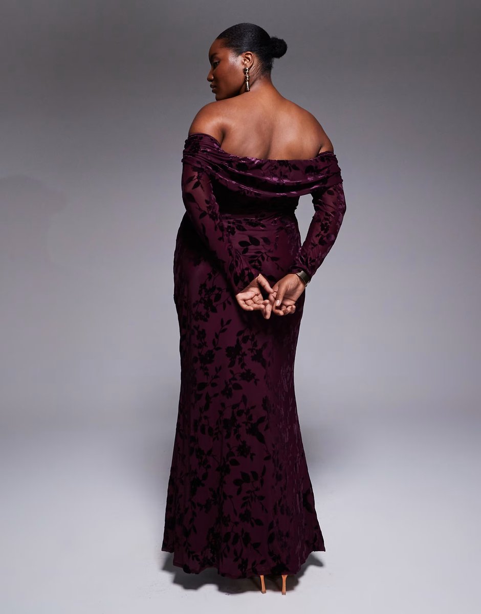 ASOS TFNC Plus off shoulder long sleeve maxi dress in burgundy velvet burn out - 4