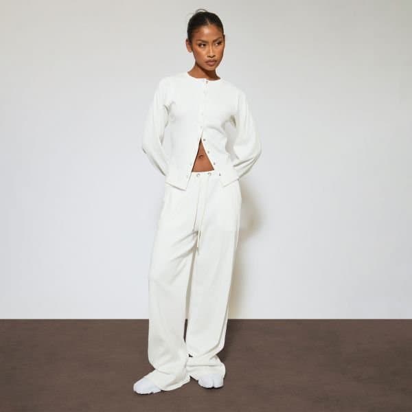 EGO Low Rise Drawstring Wide Leg Joggers In Cream Ribbed, Women's Size UK 6