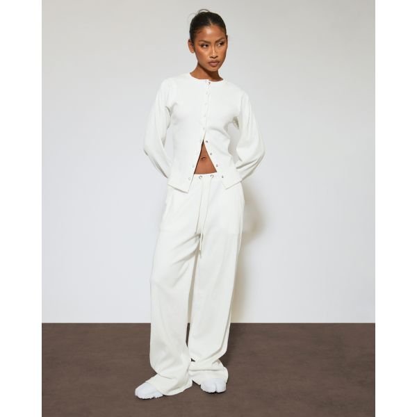 EGO Low Rise Drawstring Wide Leg Joggers In Cream Ribbed, Women's Size UK 6 - 2