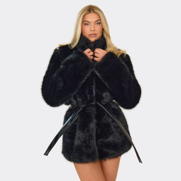 EGO High Neck Tie Waist Coat In Black Faux Fur, Women's Size UK Large L - 1