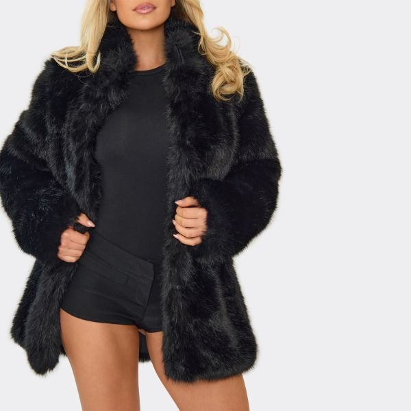 EGO High Neck Tie Waist Coat In Black Faux Fur, Women's Size UK Large L - 2