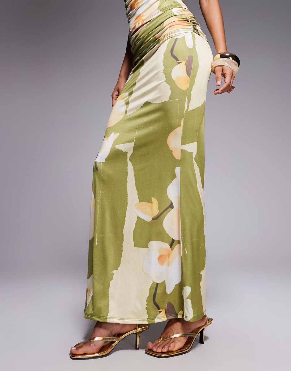 ASOS ASOS DESIGN co-ord slinky fishtail maxi skirt with ruched overlay in olive floral - 2