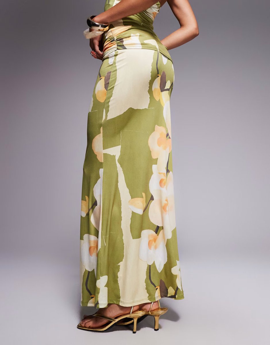ASOS ASOS DESIGN co-ord slinky fishtail maxi skirt with ruched overlay in olive floral - 4