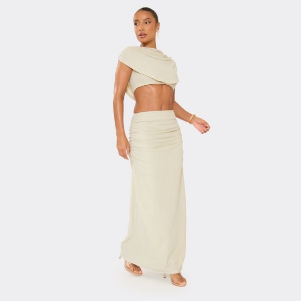 EGO Ruched Side Maxi Skirt In Champagne Glitter, Women's Size UK 8 - 2