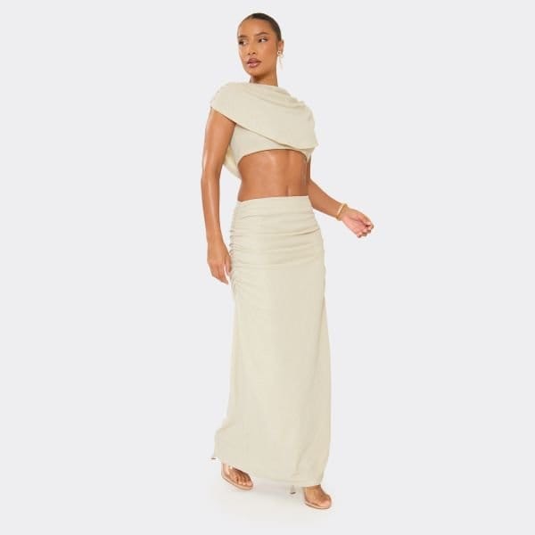 EGO Ruched Side Maxi Skirt In Champagne Glitter, Women's Size UK 8 - 2